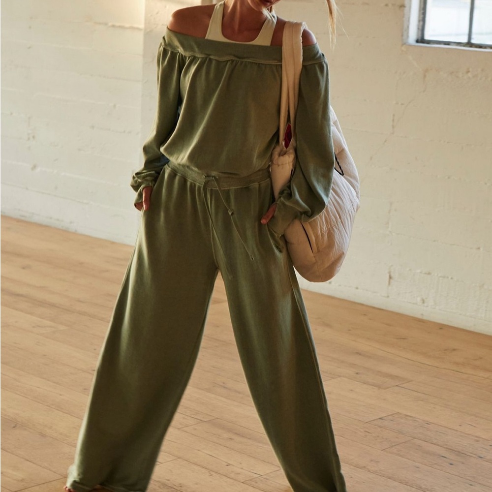 Free People FP Movement One to Beat Onesie Green Off-Shoulder NWT